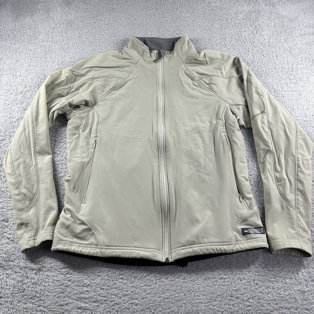 REI Softshell Fleece Lined‎ Jacket Womens Medium Taupe Beige Earth Tones Hiking